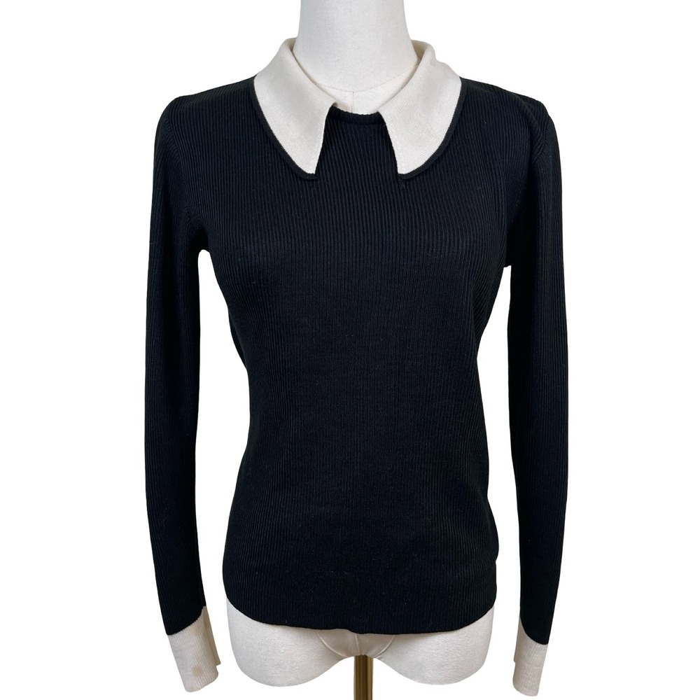 Vintage Ribbed Knit Contrast Peter Pan Dagger Collar Sweater Women M Black White